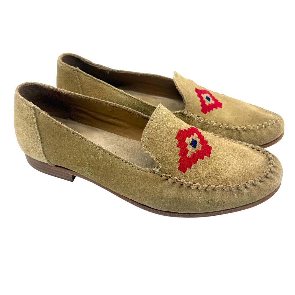Soludos Tan Suede Smoking Loafers Size 8 Red Embroidered Slip On Flats